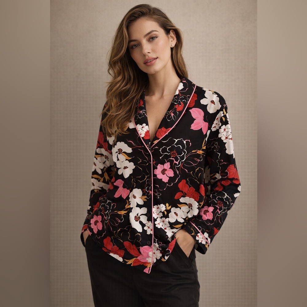 Room Service Black Floral Button Top L Romantic Boho Soft Maximalism Cottagecore